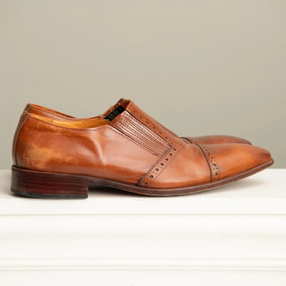 Mens Designer Dress Shoes Sz 43 Coganc Leather Brogue Slip On Loafers Old Money